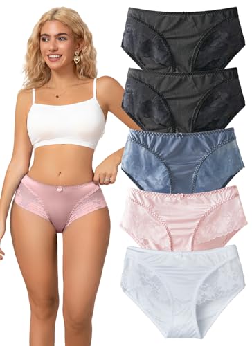 Hialegion Bragas con Encaje Patchwork para Mujeres,Braguitas de Seda Fría Mujeres Sin Costuras,Bikini Femenina con Corte Ajustado Multipack L