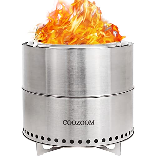 COOZOOM 19 Inch Large Smokeless Fire Pit with Stand Portable Stainless Steel Bonfire Stove Outdoor Wood Burning Firepit for Camping Outside with Carry Bag