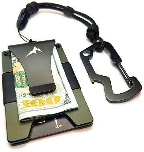 EDC Rigid Minimalist Money Clip Tactical Wallet -RFID Blocking Front Pocket Slim Credit Card Wallet w 550 Paracord Lanyard Carabiner(Olive Drab Green)