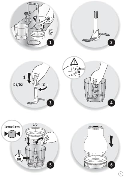 Diagrams illustrating the assembly steps of the Moulinex Moulinette Essential Chopper