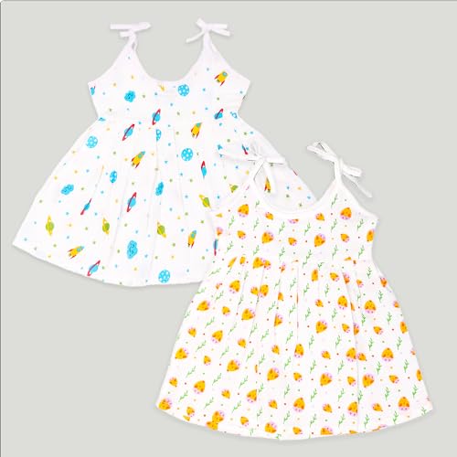 Image of Kidbea Extra Soft Muslin Cotton Frock Cloth for Baby Girl | Space and Mickey Print Pack of 2 for 3 to 6 Months