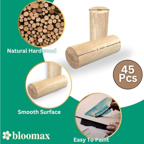 Image of BLOOMAX Wooden Dowel Rods - 45 Pcs Sanded Full-Finish Craft Sticks for Woodworking & DIY - 20mm x 2 Inch Round Dowels for Art Projects, Repairs, Building Material