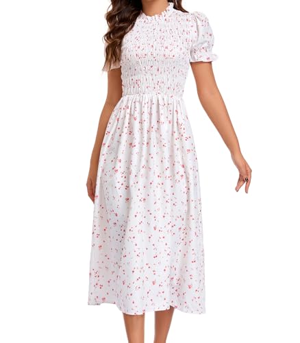 Image of RIHOAS Plaid Gingham Midi Dress Short Sleeve Smocked Dresses for Women | Cotton,Ruffle Puff Sleeves,Vintage Brown,Spring Summer Casual Daily,Picnic,Travel,Vacation,Christmas Festive Occasions