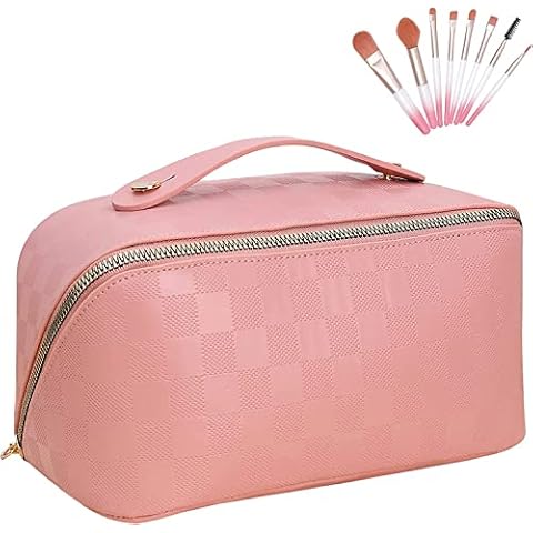 Travel Cosmetic Bag, Waterproof Portable with Handle and Divider Skincare Bag, Makeup Bag with 8PCS Burshes PU Leather Large Capacity Hanging Toiletry Bag New Version,Pink Checkerboard Cover