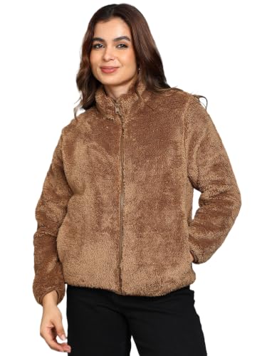 Image of Alan Jones Clothing Women's Fluffy Yarn Fleece Full-Zip Jacket | Soft Lightweight Warm Outerwear with Stand Collar & Piping at Hem & Cuffs