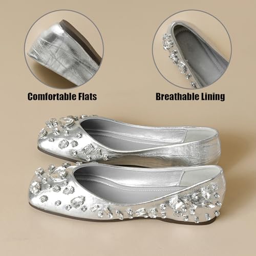 Women's Square Toe Rhinestones Ballet Flat Shoes Fashion PU Sweet Soft Sole Wide Toe Comfortable Flexible Dress Shoes for Party Work Leisure Daily3