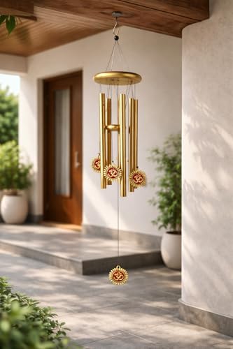 Image of Om Design Metal Wind Chime for Home Decor | Golden Hanging Wind Chimes for Balcony, Garden & Temple | Vastu & Spiritual Decorative Item