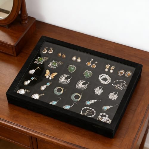 Image of Wudygirl Jewelry Organizer Set of 2 Stackable Jewelry Tray Velvet Earring Holder Organizer 30 Grid Earring Storage with Lid Ring Holder Drawer Inserts Divider Storage for Women (Black)
