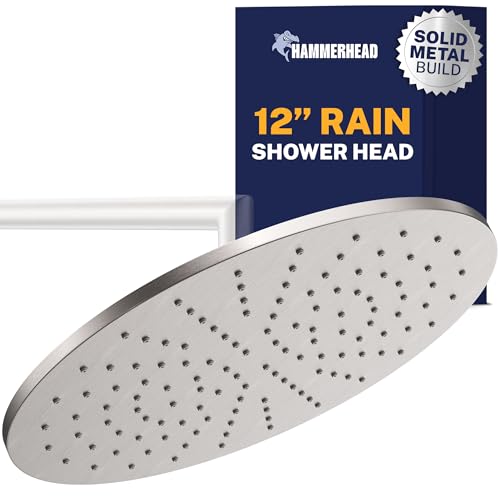 HammerHead Showers® Solid Metal 12 Inch Rainfall Shower Head, Large Rain Shower Head, 2.5 GPM High Flow Shower Head Optimized for Pressure, Wall-Mounted or Ceiling Rain Shower Head, Brushed Nickel