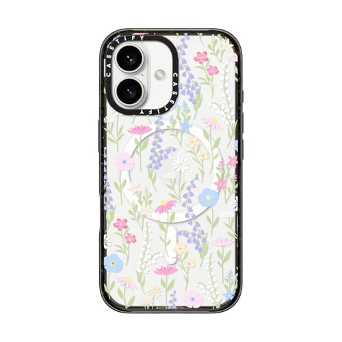 CASETiFY Impact Case for iPhone 16 [Slim / 8.2 ft. 4X Military Grade Drop Protection/Compatible with Magsafe] - Pink Pastel Cute Floral - Clear Black