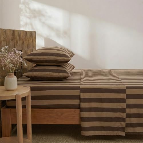 Image of Merryword 100% Cotton Sheet Set Queen Size - Brown and Khaki Stripes Bedding, Soft Breathable Percale Weave, Wide Stripe Deep Pocket Sheet 17.5 inch, Luxury Linen Like, 4-Piece All Season Bedding