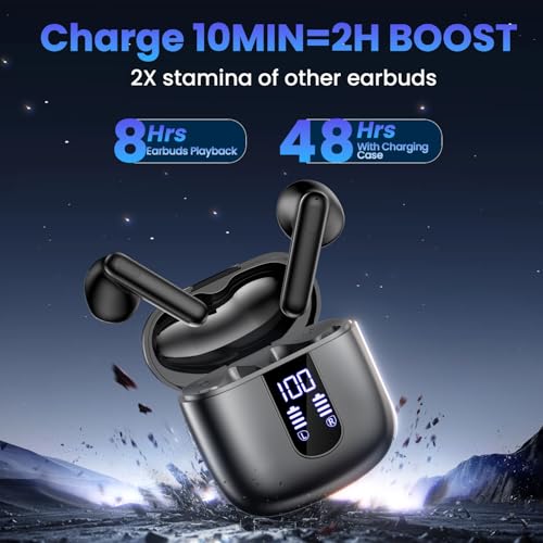 Image of Wireless Earbuds, Bluetooth Headphones with Deep Bass Stereo, 48H Playback Ear Buds with LED Power Display, Lightweight, IPX7, in-Ear Earphones with Mic for iPhone /Android /iPad, Black