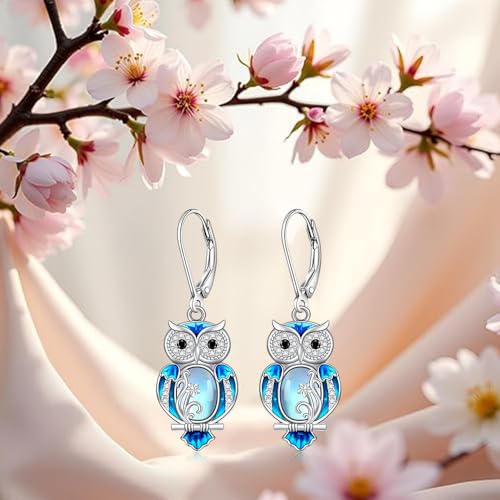 Owl Gifts Owl Earrings for Women Sterling Silver Blue Enamel Oval Moonstone Earrings Dangle Halloween Jewelry Gifts4