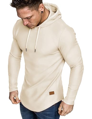 JMIERR Men's Fleece Hoodies Muscle Long Sleeve T Shirts Casual Early Fall Fashion Gym Workout Athletic Longline Hooded Sweatshirt Pullover, US40(M), Beige