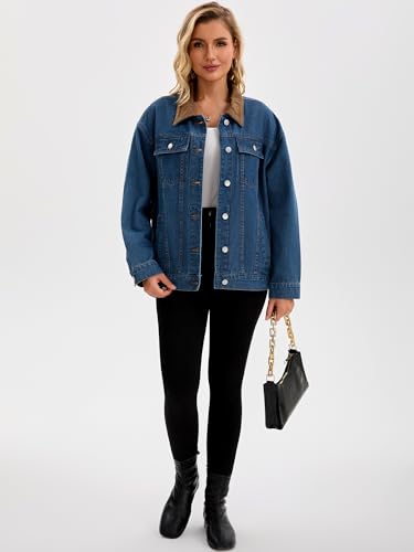 Women's Jean Jacket Button Down Corduroy Collar Long Sleeve Western Shacket Denim Jackets3
