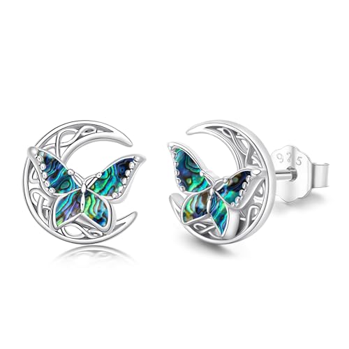 Butterfly Stud Earrings 925 Sterling Silver Celtic Moon Earrings Irish Celtic Jewelry Gifts for Women - Main Image