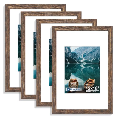 Hongkee 12x18 Picture Frame Set of 4, 12 x 18 Rustic Brown Wood(Mat 8.5x11)