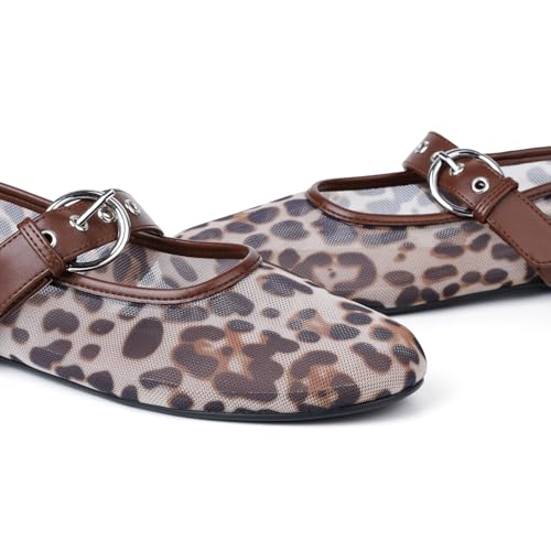 Migpuel Mesh Flats for Women Round Toe Mary Jane Ballet Flats Buckle Strap Slip On Casual Breathable Ballerina Shoes Leopard,10 — view 5