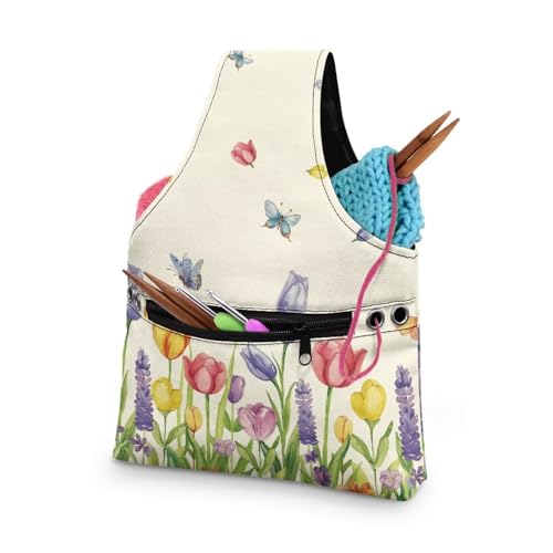 Image of KUIFORTI Floral Knitting Yarn Bag, Yarn Bags for Crocheting on The Go Crochet Organizer Storage Bag, Yarn Tote for Crochet Accessories, Knitting Needles, Fit for Women Girls at Home Travel, Small Size