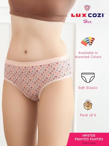 Image of Lux Cozi for her Outer Elastic Hipster 100% Cotton Panty Set for Women | Cotton Panty for Women | Underwear for Women |Hipster Panties for Women | Colors & Prints May Vary | Pack of 6