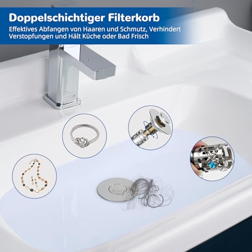 Hibbent Verbesserter 3-in-1 Waschbeckenstöpsel, Pop-Up Abflusssieb Stöpsel mit abnehmbarem Edelstahl-Filterkorb Haarfänger, Abflussstopfen für 30-60mm Beckenloch, Messing-Bullet-Kern, Chrom