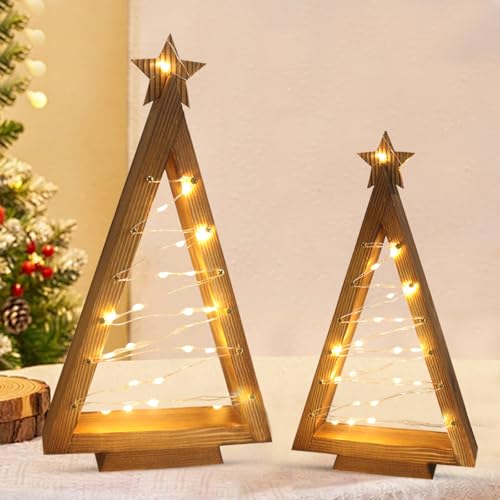 Weihnachtsdeko LED Weihnachtsbaum Holz mit Stern, 2 Stück...