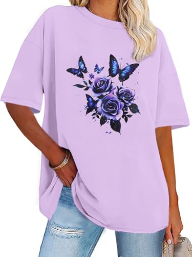 Womens Oversized Tshirt Graphic Tees Crew Neck Summer Short Sleeve Loose Fit Tops, Purple Flower Butterfly, XL