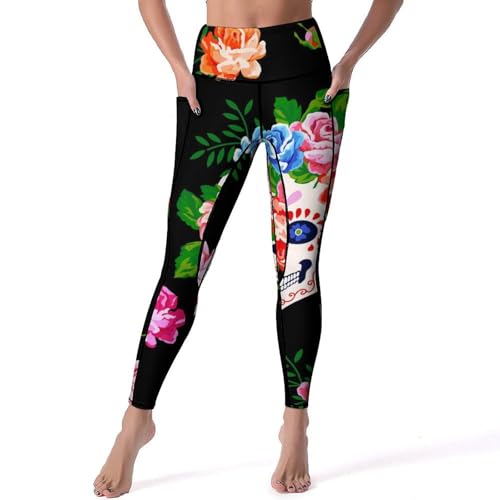Legging fleurs et crâne blanc pour femme pantalon de yoga sport taille haute taille S