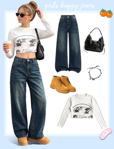 Image of Jeans for Girls Baggy Wide Leg High Waisted Y2K Denim Pants 7-14Y