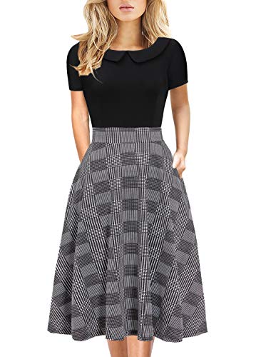 Women's Elegant Vintage Cotton Casual Floral Print Work Party Peter Pan Collar A-Line Dress with Pockets 978