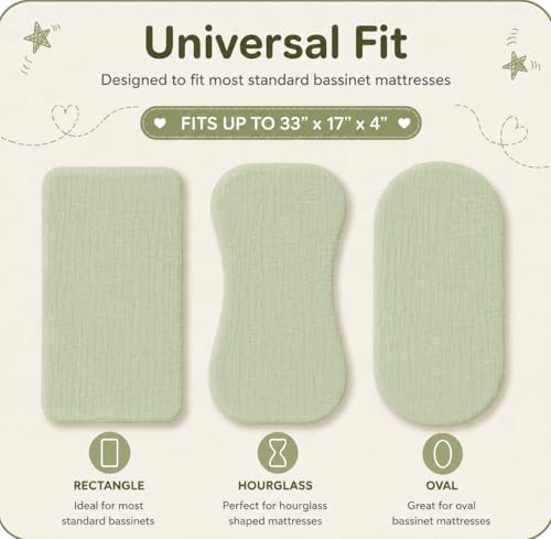 Image of Muslin Bassinet Sheets, 3-Pack 100% Cotton Fitted Bassinet Mattress Sheets, Olive Green, Universal Fit 33x17x4