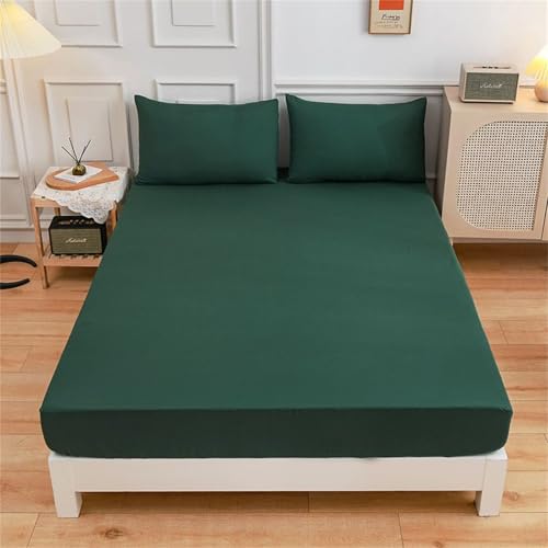 Surwin King Double Single Fitted Sheets, Simple Solid Color Microfibre Fitted Bed Sheets, 27cm Deep Pocket Fitted Sheet, Soft Bedsheets (Single,Dark green)