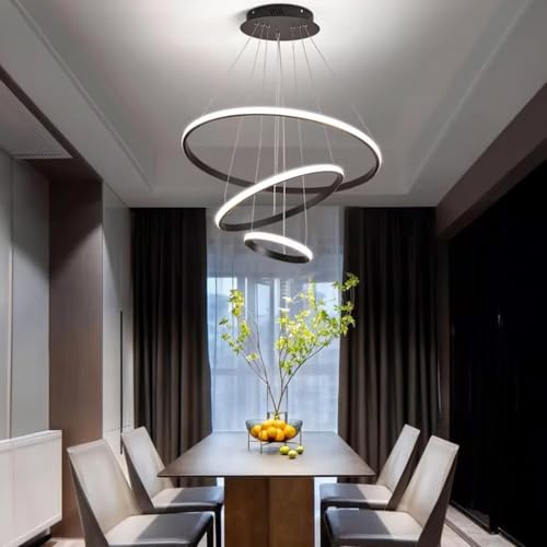 Image of OJIT Modern 3 Ring Led Chandelier, Pendant Light Height Adjustable Hanging Ceiling Lamp for Living Room, Kitchen, Indoor, Dining Table & Home Decor (Black) (Black Ring 5316)