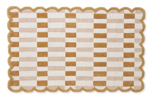 Image of Hand-Tufted Wool Area Rug with Scalloped Edges, Neutral Beige Plaid Pattern, Cozy Soft Accent Rug for Living Room, Bedroom, and Nursery, Handmade Decorative Carpet, 8x10 Ft