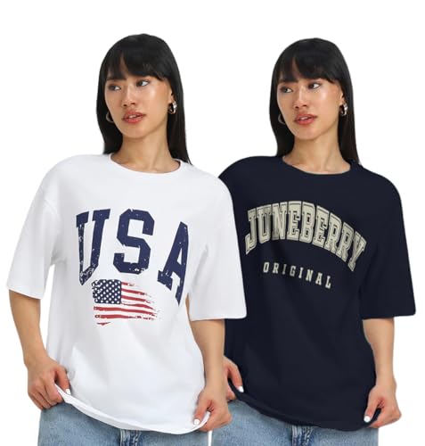 Image of JUNEBERRY 100% Pure Cotton, Pack of 2,Round Neck, Oversized Loose,Drop Shoulder,Graphic Printed, Half Sleeve T-Shirts for Women & Girls, in Different Colors, with Sizes Range from S to 2XL.