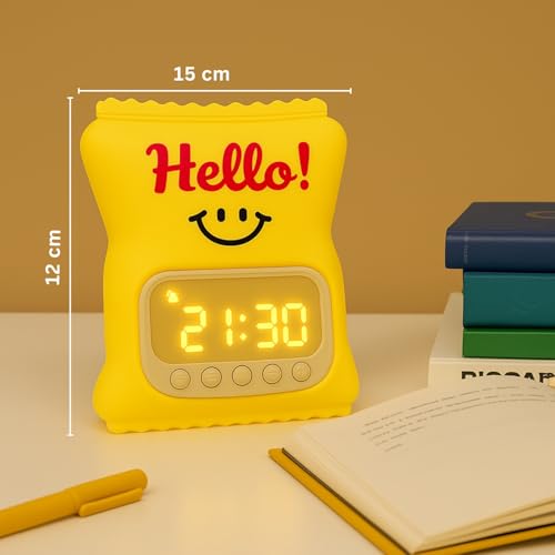 Image of One94Store Hello Digital Alarm Clock with LED Display & Night Light | Cute Cartoon Design, Snooze, Timer & Temperature | Bedside Clock for Kids, Bedroom & Home