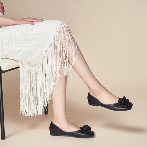 Image of C.Paravano Ballet Flats for Women | Women's Flats | Square Toe | Slip On Dress Shoes | Satin Flower Shoes