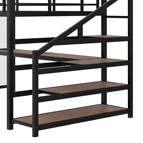 Image of Bellemave Queen Size loft Bed with Storage Stairs, Shelves, Metal Queen Loft Beds with LED Lights, USB Ports, Multifunctional Iron Nets for Adults, Kids, Teens, Black