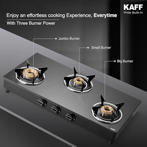Image of KAFF CTC 77 3B Gas Stove /Cooktop 4 Burners with Auto Electric Ignition 77 CM, High Efficiency Brass Burners, Black Tempered Glass, Enamelled Pan Support (Black)