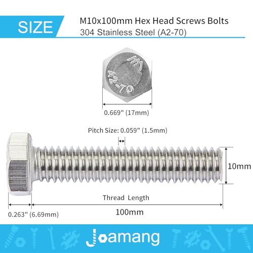 Image of M10-1.5 x 100mm 5Pcs Hex Bolts, Hexagon Head Screws, 304 Stainless Steel(A2-70), Metric Fully Thread, Bright Finish