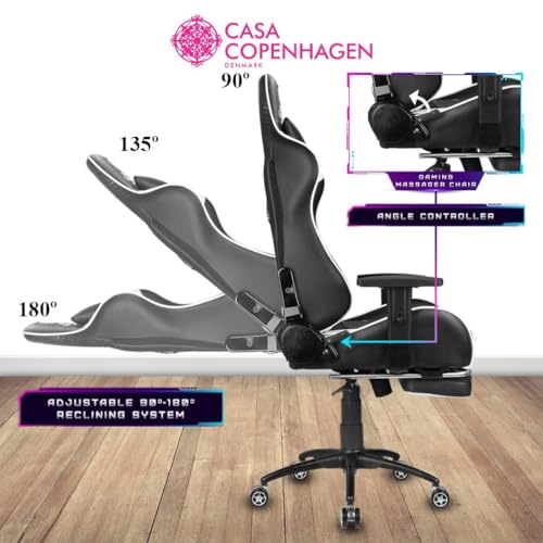 Image of Casa Copenhagen Racing,High-Back Italian Leather Gaming Ergonomic Chair with Advanced Mechanism & Electric Back Massage, Memory Foam Seating & Multi Function Arm-Rest - Sun White /Black