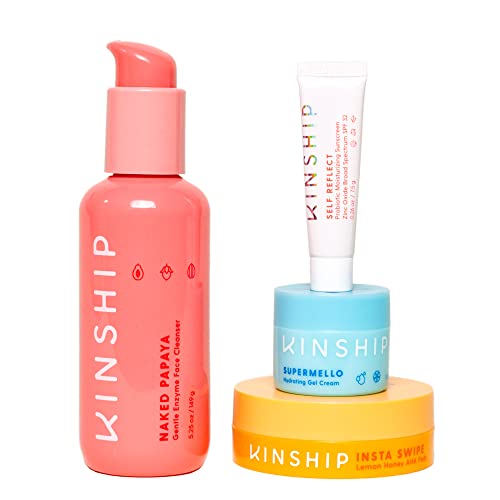 Kinship Glow Squad Clean Best Sellers Kit - 4-Step Skincare Routine Includes Naked Papaya Enzyme Cleanser, Insta Swipe AHA Face Pads, Supermello Hydrating Moisturizer + Self Reflect Zinc Oxide SPF30