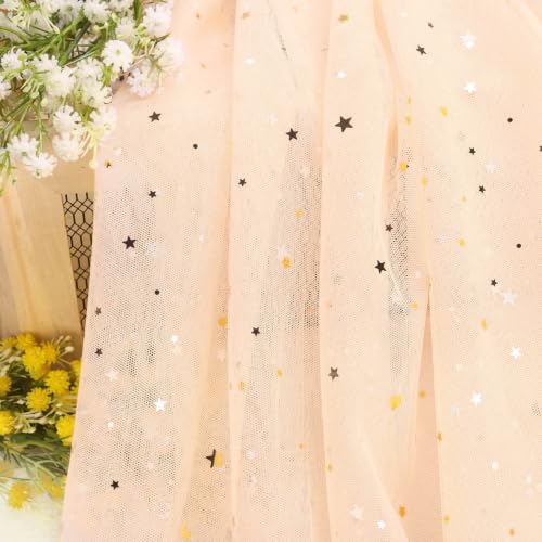HAVII 59" x 2 Yards Champagne Glitter Tulle Rolls Star Moon Sequin Tulle Fabric Bolt for Photography Props Background Tutu Table Skirts DIY Sewing Crafts Wedding Party Decor