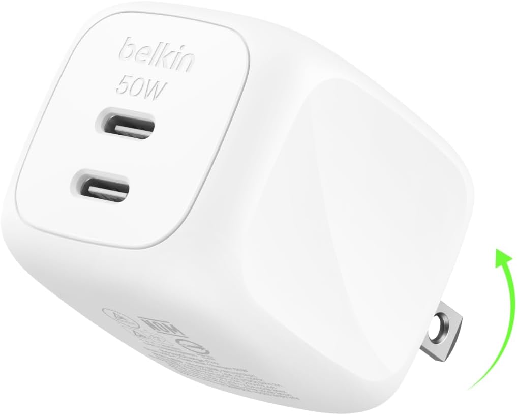 Belkin 2-Port USB C Charger Block 50W, Dual-Port GaN Charger w/ 2x USB C Ports, Fast Charging for MacBook, iPhone 17, iPad Pro, Chromebook, Galaxy S25 Ultra, Pixel 10, etc. - Travel Essentials - White