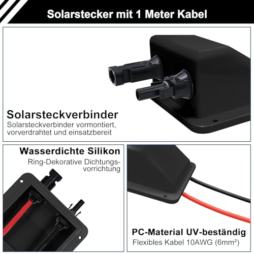 Solar Doppel Kabeldurchführung mit 6mm² 1m kabel, Dachdurchführung Solar Wasserdicht mit Solarpanel Steckver, Solar Kabeldurchführung für Wohnmobil, Boote, PV-anlage und Camper(Schwarz)