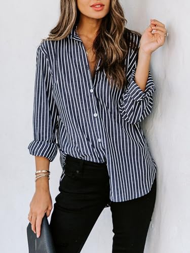 Image of siliteelon Striped Button Down Shirts Women Cotton Long Sleeve Work Blouses