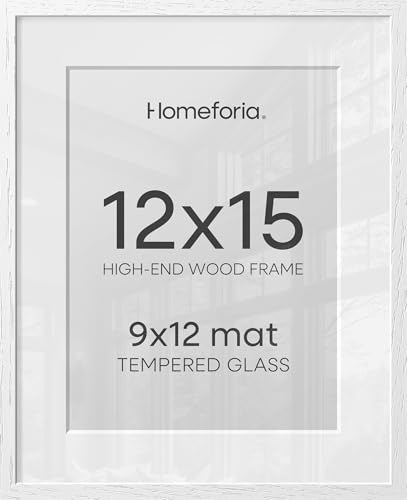Image of Homeforia 12x15 White Picture Frame, High End Oak 12x15 Wood Poster Frames with Mat 9x12 Print, 12 x 15 White Wooden Frame Matted to 9 by 12 Photo, 15x12 Thin Frame, Tempered Glass, Wall Kit, Set of 1