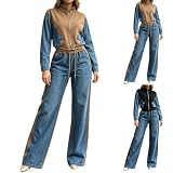 Aniywn Sweat Suit For Women 2 Piece Set Denim Patchwork Pants Tracksuits