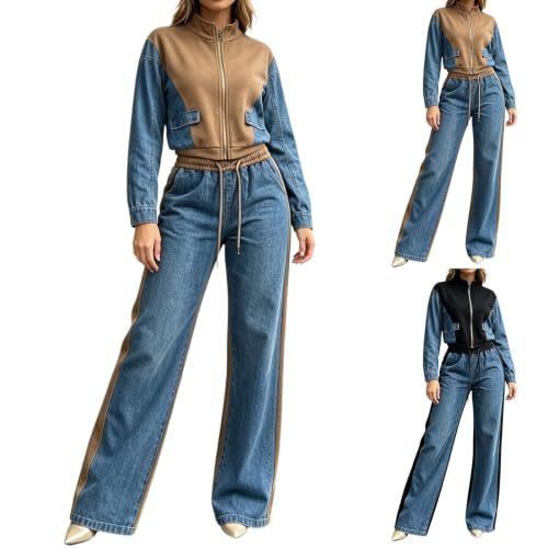 Aniywn Sweat Suit For Women 2 Piece Set Denim Patchwork Pants Tracksuits