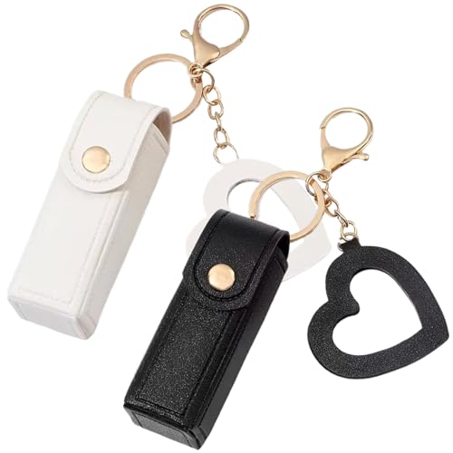 Estuche protector para pintalabios con espejo en forma de corazón, fundas para llavero de bálsamo labial de PU, bolsa pequeña portátil para mujer y niña, color negro y blanco, 2 uds.